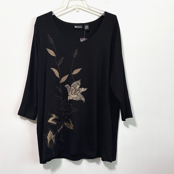 Maggie Barnes Top 1X Plus Black Gold Leaves 3/4 Sleeve Popover Fall Shirt NEW - Picture 1 of 7